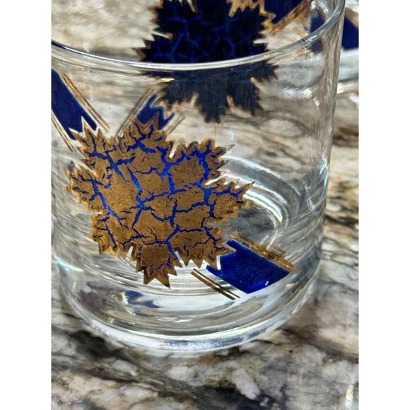 Vintage lot Of 3 MCM 22k Fred Press Signed Blue 22K Gold Rocks Glass 3.5 Leaf - Picture 5 of 9